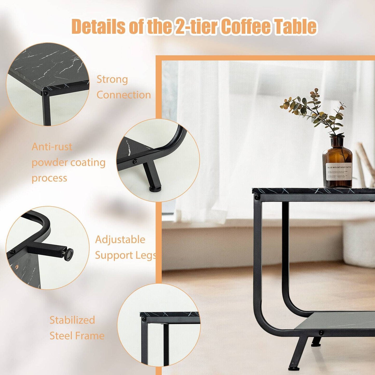 Modern 2-Tier Coffee Table with Faux Marble Top and Storage Shelf