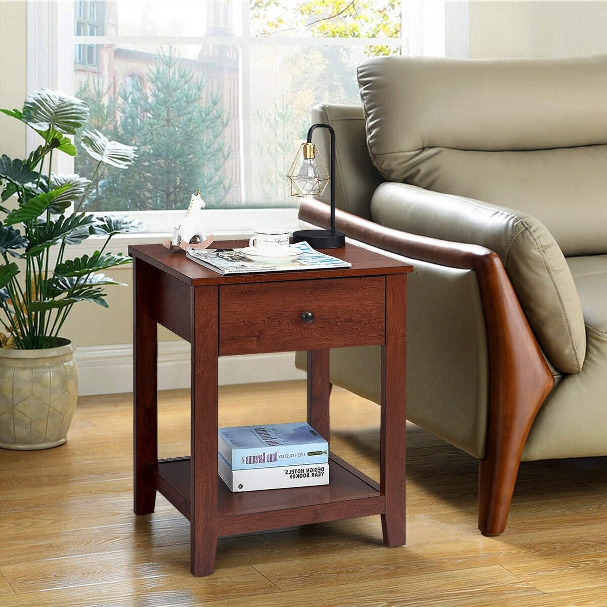 Wooden End Table with Drawer and Lower Storage Shelf