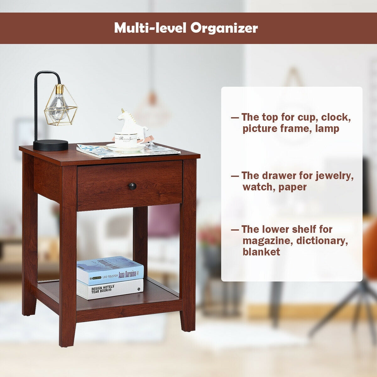Wooden End Table with Drawer and Lower Storage Shelf