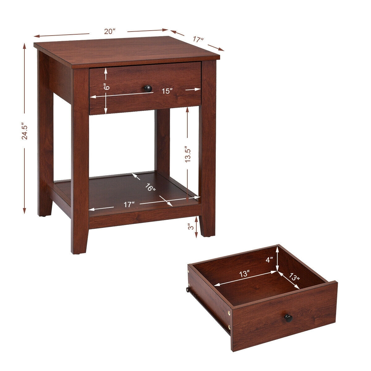 Wooden End Table with Drawer and Lower Storage Shelf