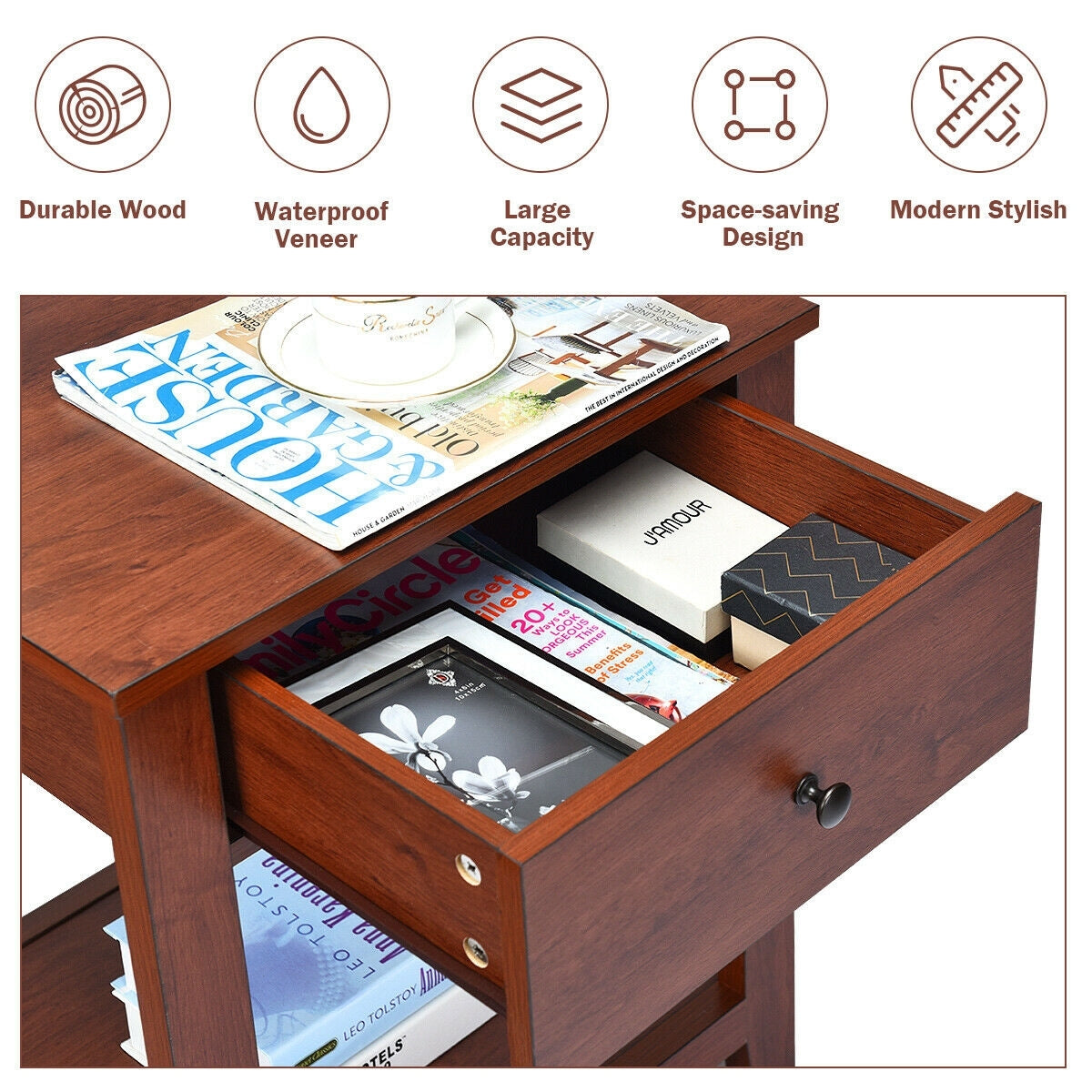 Wooden End Table with Drawer and Lower Storage Shelf