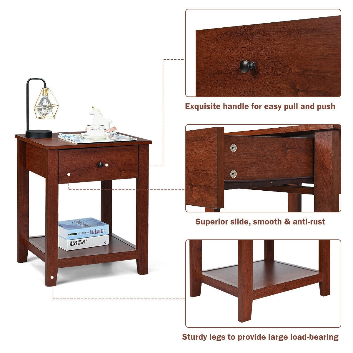 Wooden End Table with Drawer and Lower Storage Shelf