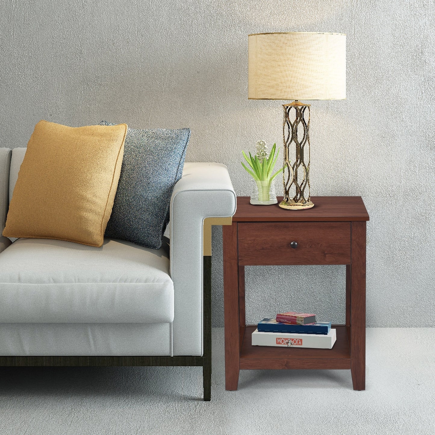 Wooden End Table with Drawer and Lower Storage Shelf