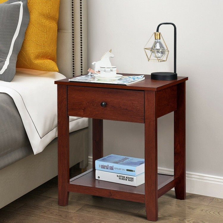 Wooden End Table with Drawer and Lower Storage Shelf