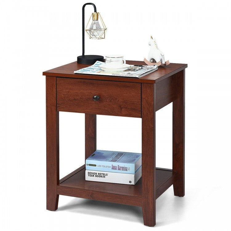 Wooden End Table with Drawer and Lower Storage Shelf
