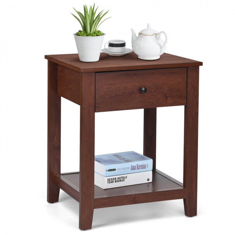 Wooden End Table with Drawer and Lower Storage Shelf