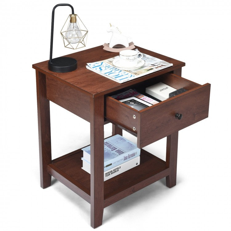 Wooden End Table with Drawer and Lower Storage Shelf