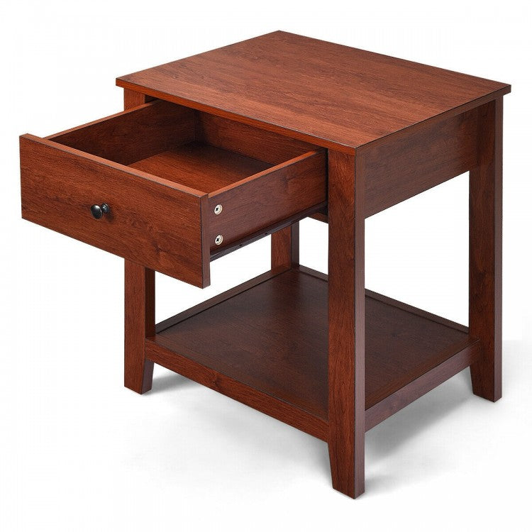 Wooden End Table with Drawer and Lower Storage Shelf