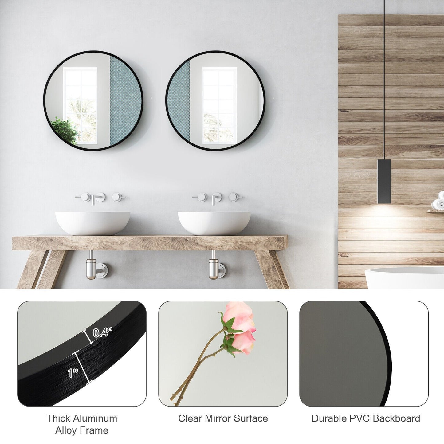 Elegant 16 Inch Round Wall Mirror with Premium Aluminum Alloy Frame - Black