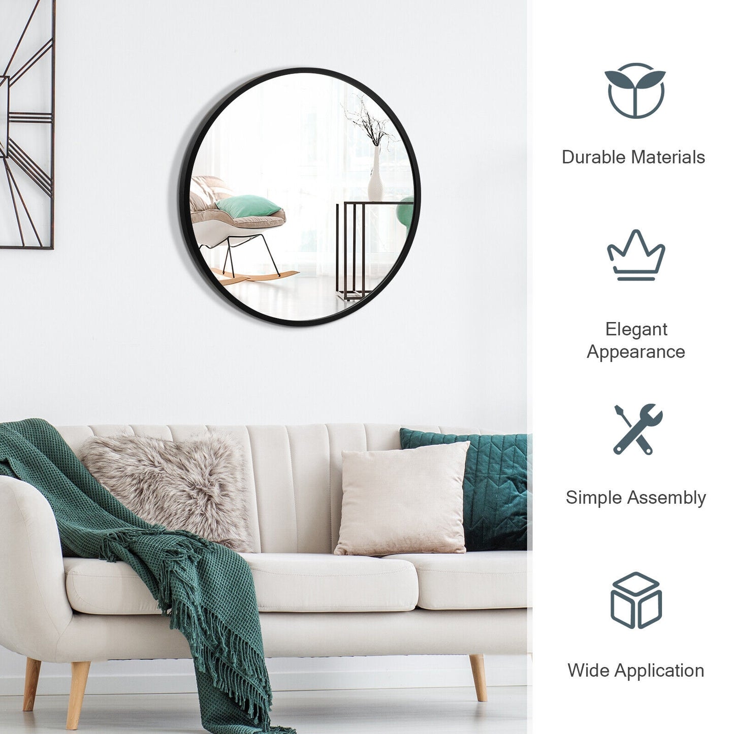 Elegant 16 Inch Round Wall Mirror with Premium Aluminum Alloy Frame - Black