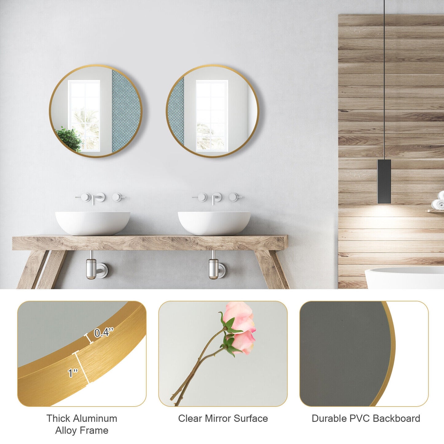 Elegant 16 Inch Round Wall Mirror with Premium Aluminum Alloy Frame - Golden