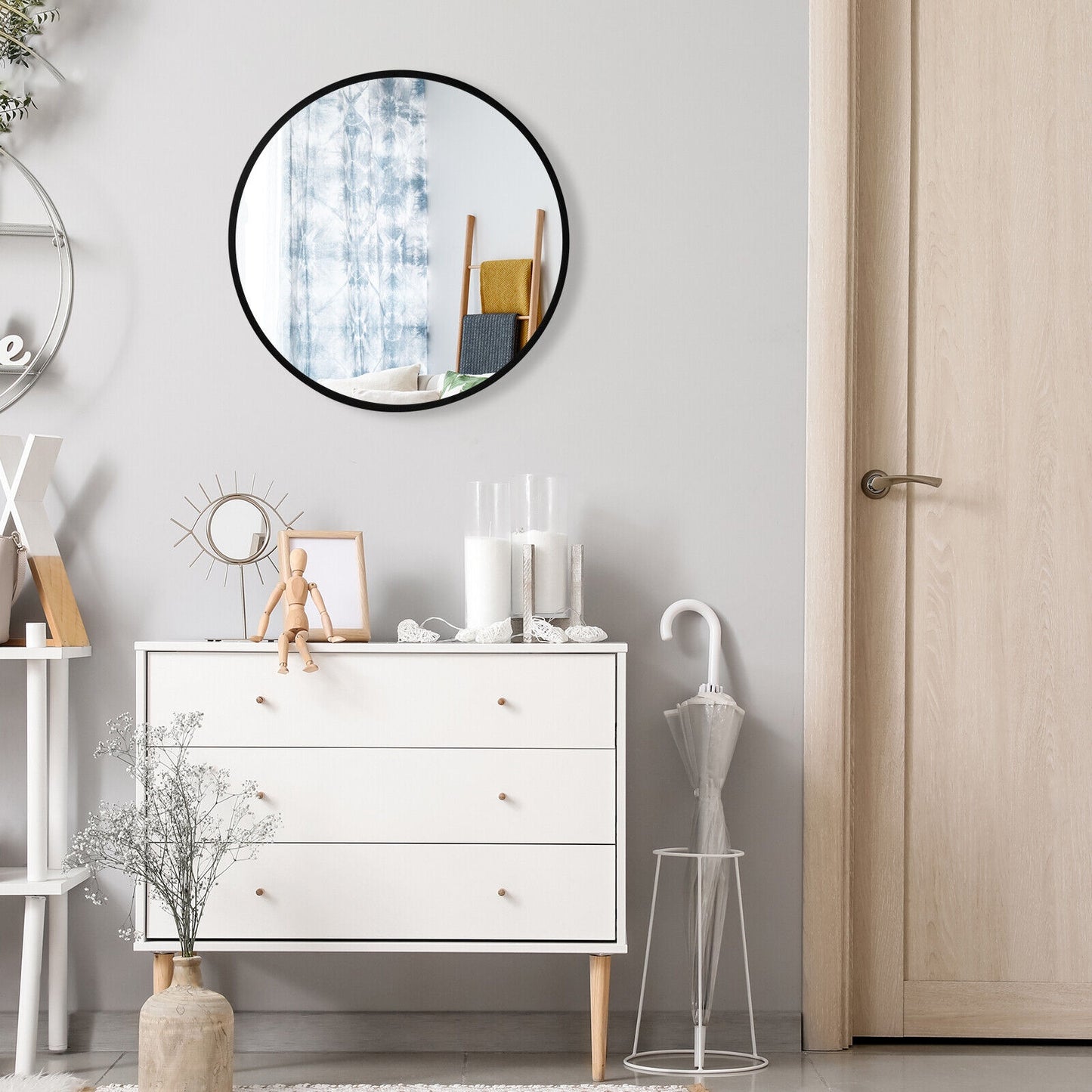 Elegant 16 Inch Round Wall Mirror with Premium Aluminum Alloy Frame - Black
