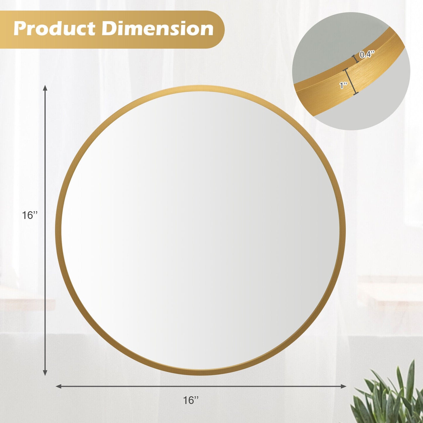 Elegant 16 Inch Round Wall Mirror with Premium Aluminum Alloy Frame - Golden