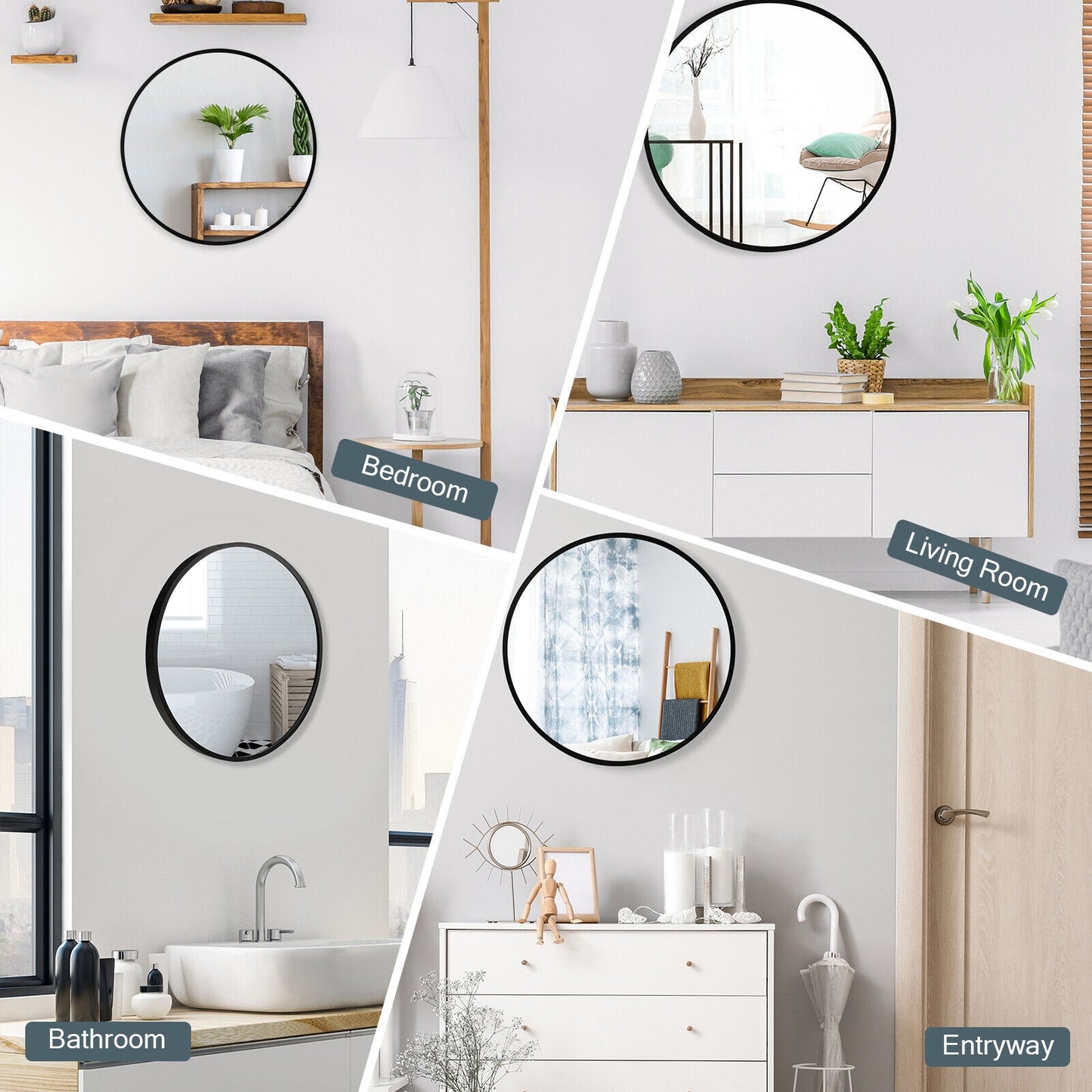 Elegant 16 Inch Round Wall Mirror with Premium Aluminum Alloy Frame - Black