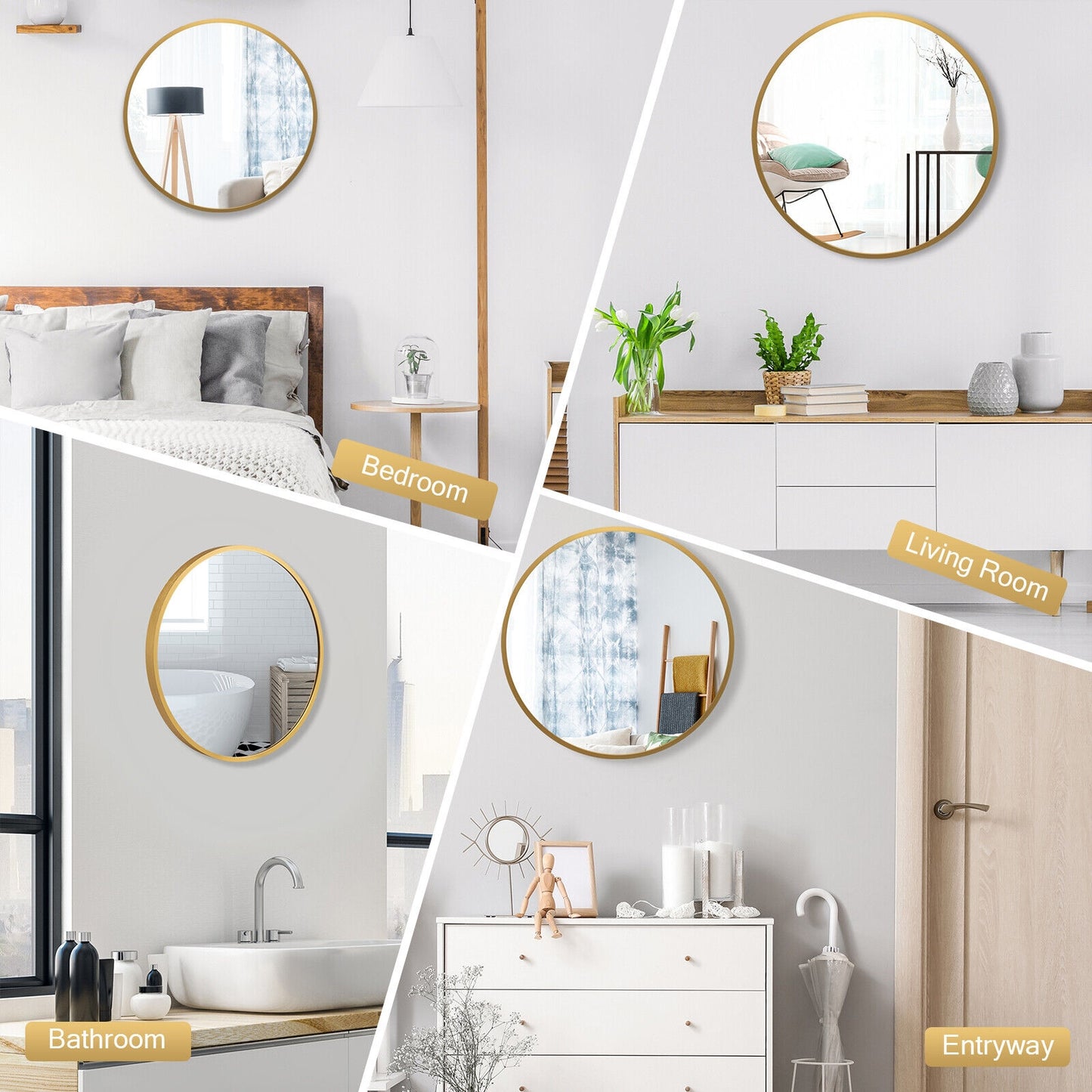 Elegant 16 Inch Round Wall Mirror with Premium Aluminum Alloy Frame - Golden