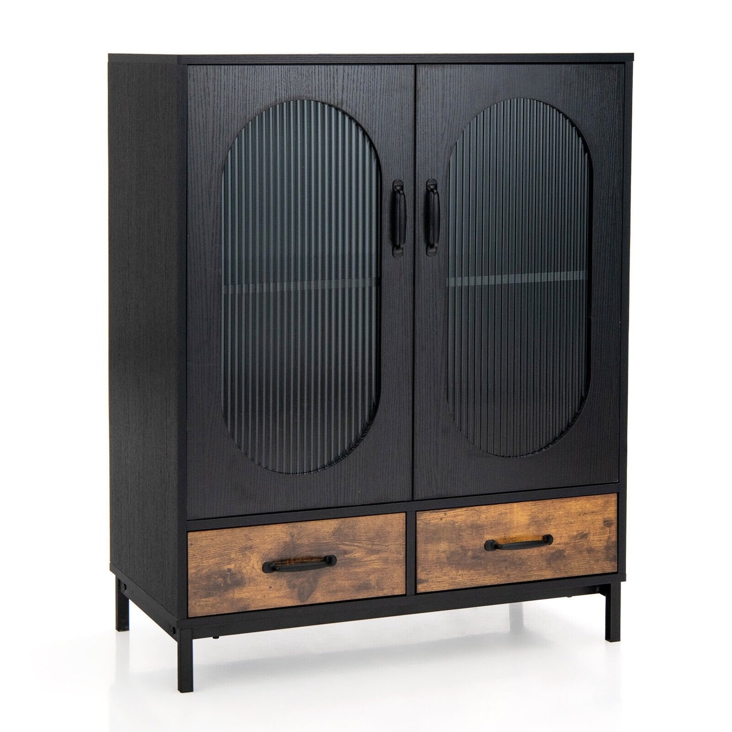 Industrial Kitchen Sideboard Buffet Cabinet with Tempered Glass Doors and Storage Shelves