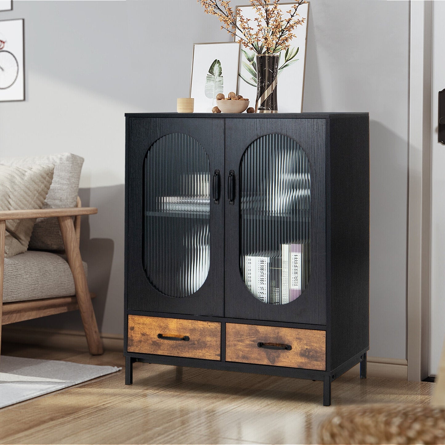 Industrial Kitchen Sideboard Buffet Cabinet with Tempered Glass Doors and Storage Shelves