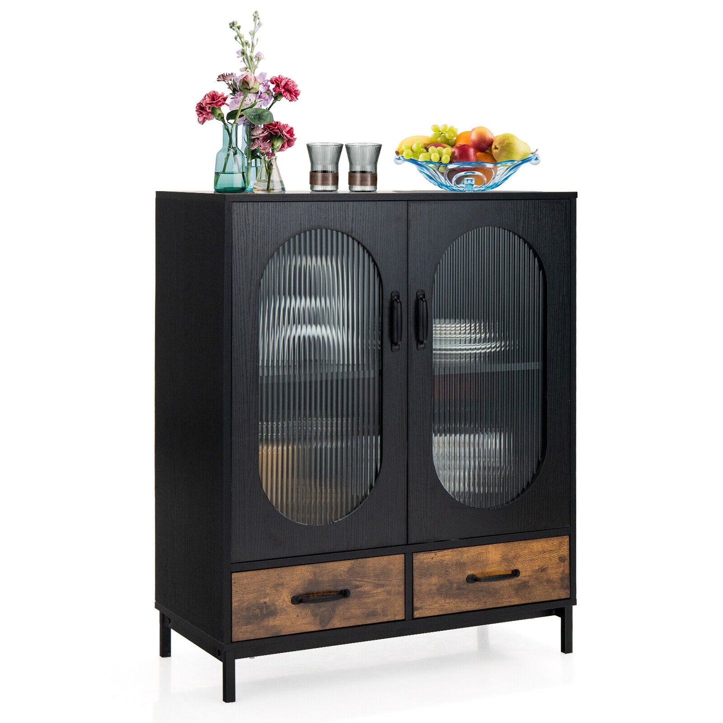 Industrial Kitchen Sideboard Buffet Cabinet with Tempered Glass Doors and Storage Shelves