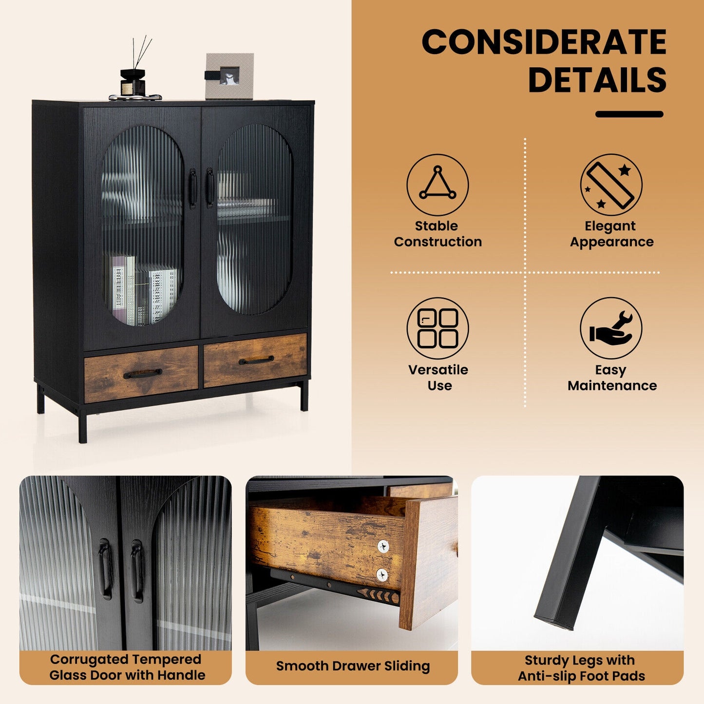Industrial Kitchen Sideboard Buffet Cabinet with Tempered Glass Doors and Storage Shelves