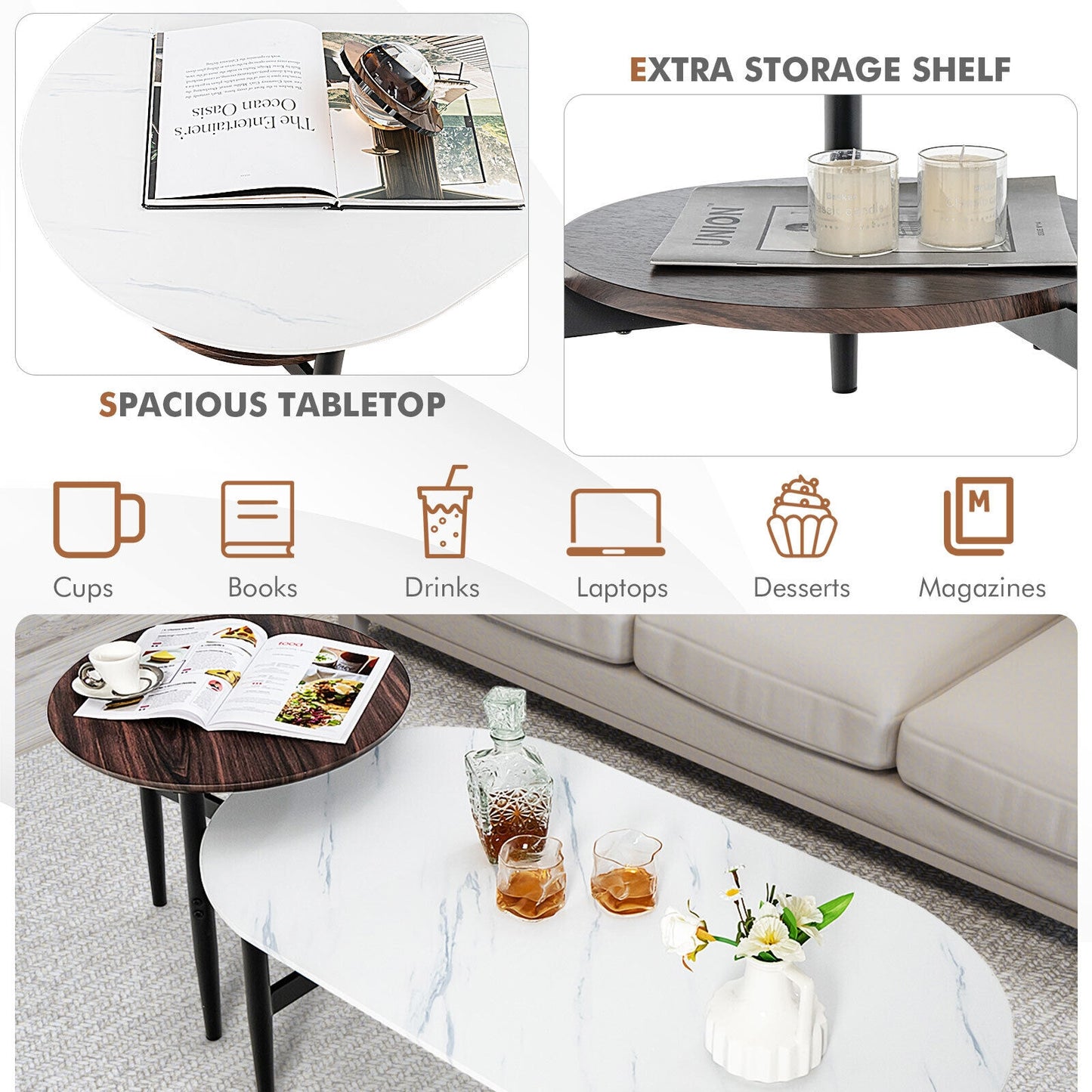 Set of 2 Nesting Coffee Tables with Storage Shelf and Modern Faux Marble Design