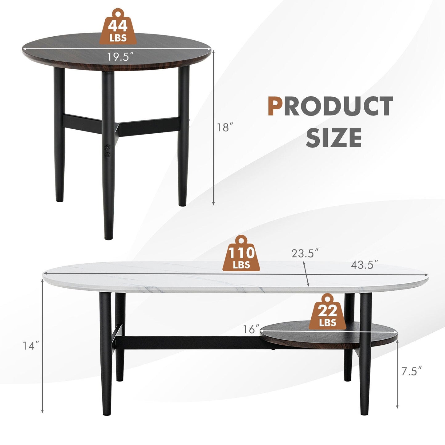 Set of 2 Nesting Coffee Tables with Storage Shelf and Modern Faux Marble Design
