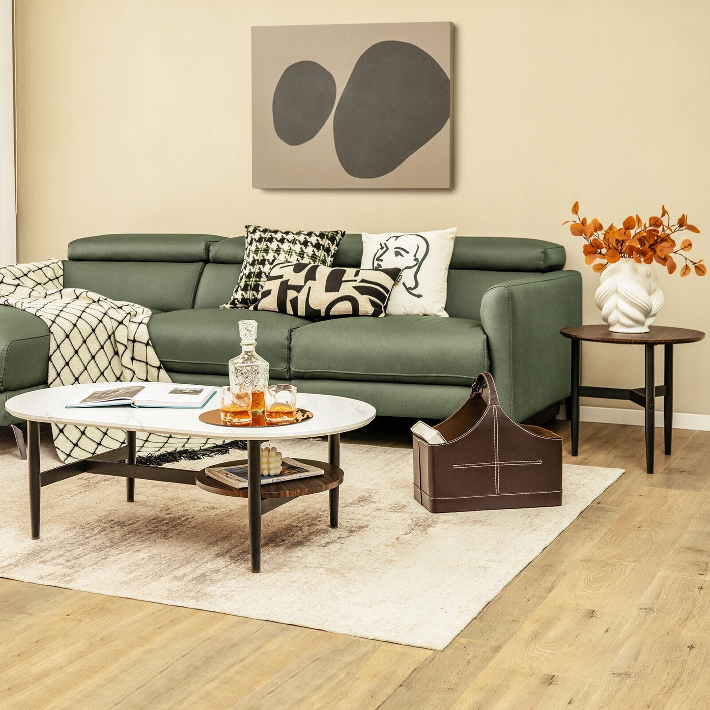 Set of 2 Nesting Coffee Tables with Storage Shelf and Modern Faux Marble Design