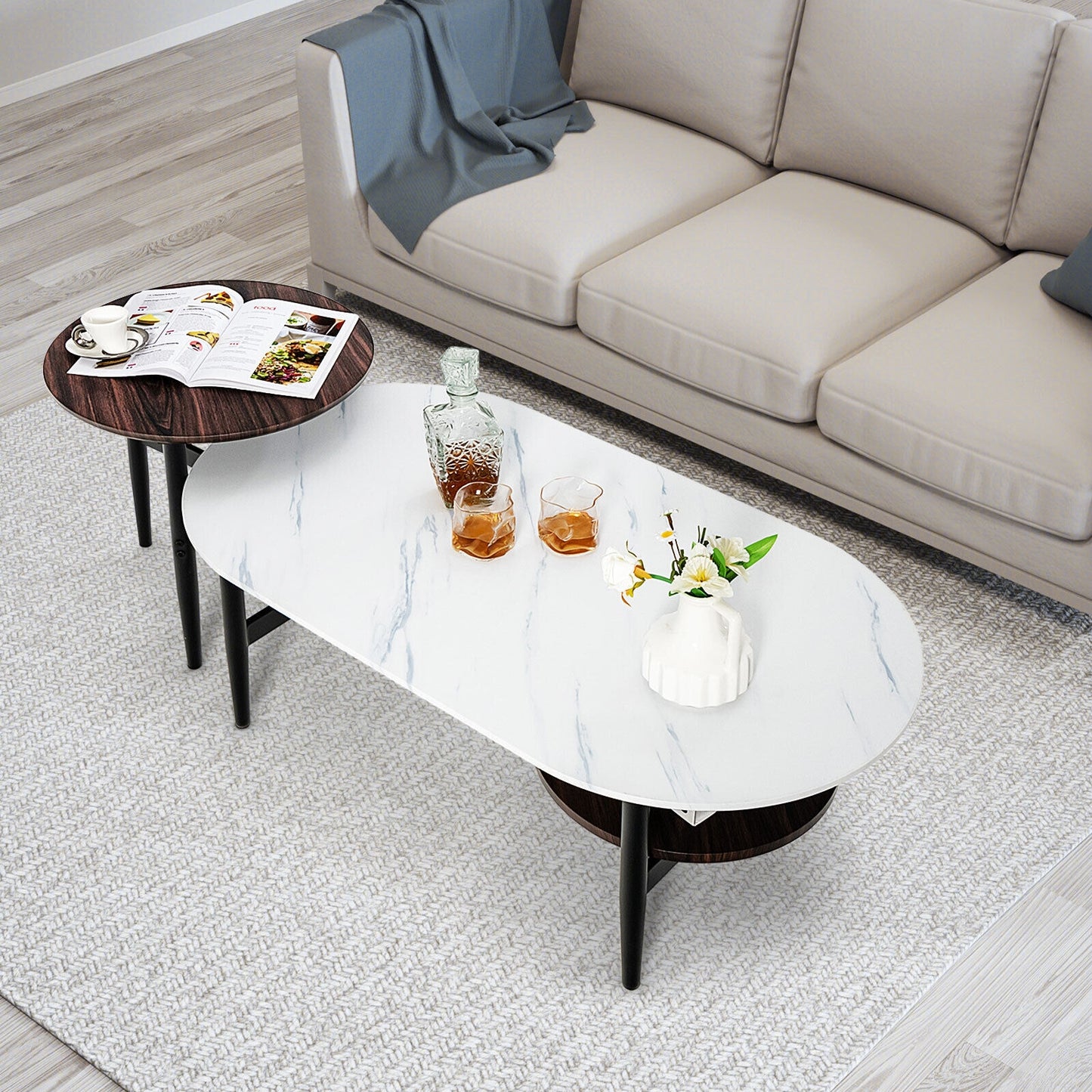 Set of 2 Nesting Coffee Tables with Storage Shelf and Modern Faux Marble Design