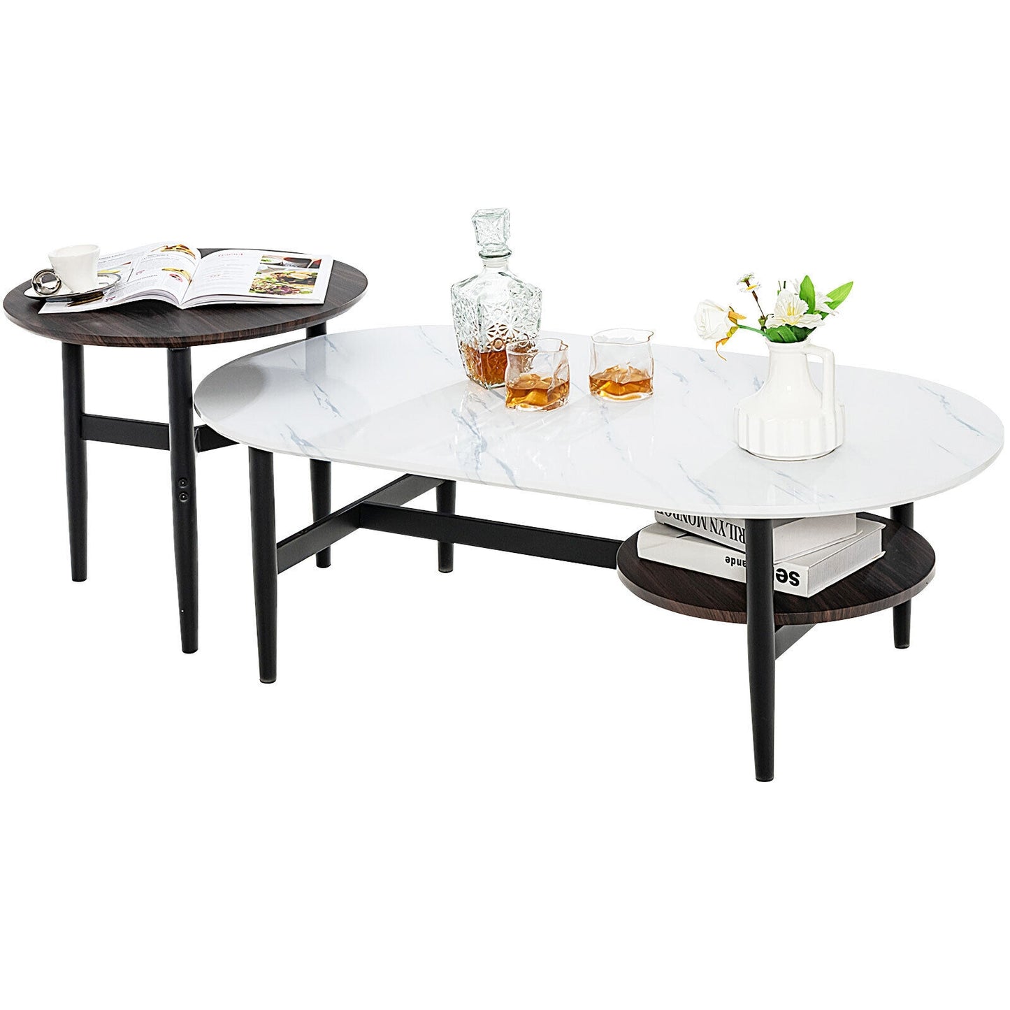 Set of 2 Nesting Coffee Tables with Storage Shelf and Modern Faux Marble Design
