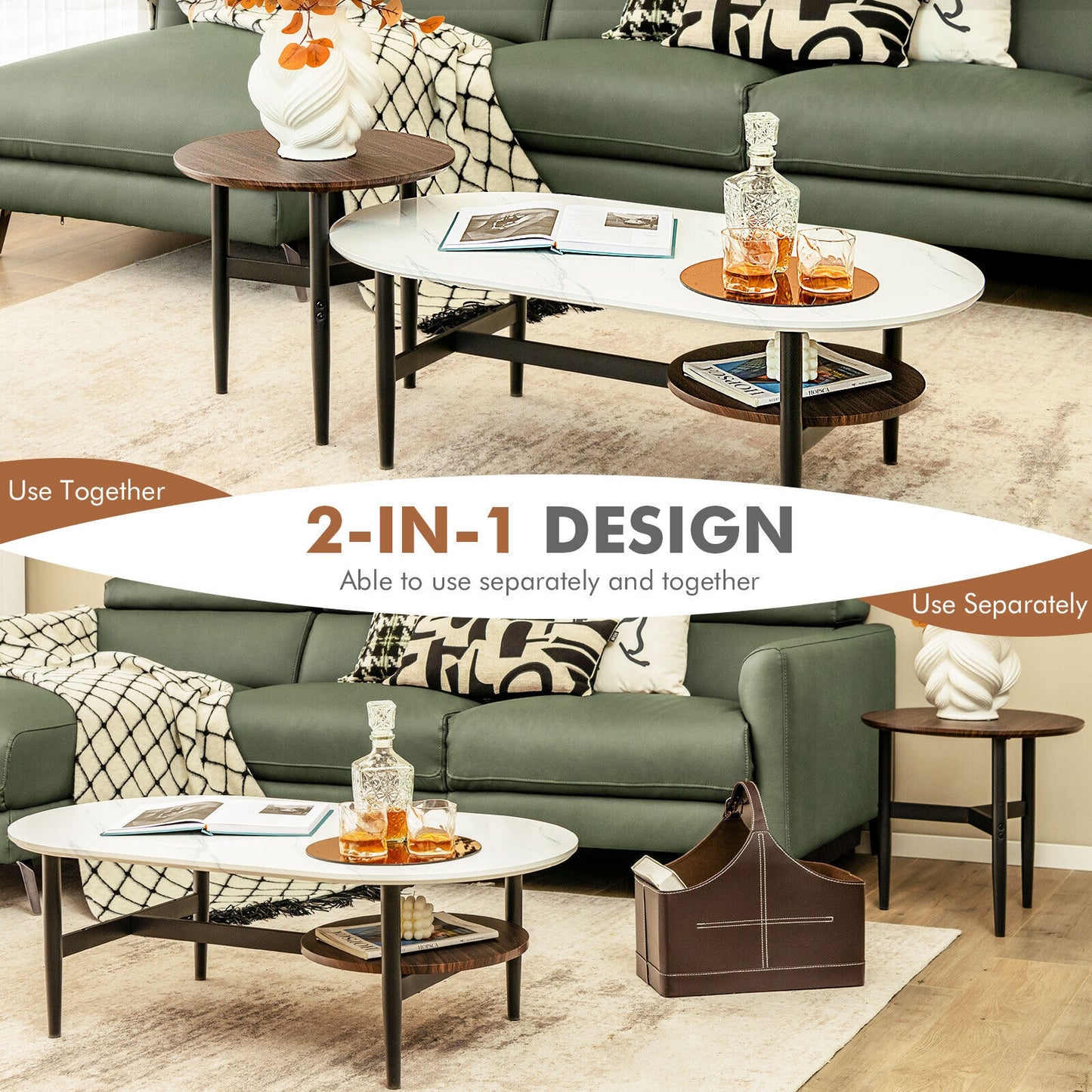 Set of 2 Nesting Coffee Tables with Storage Shelf and Modern Faux Marble Design