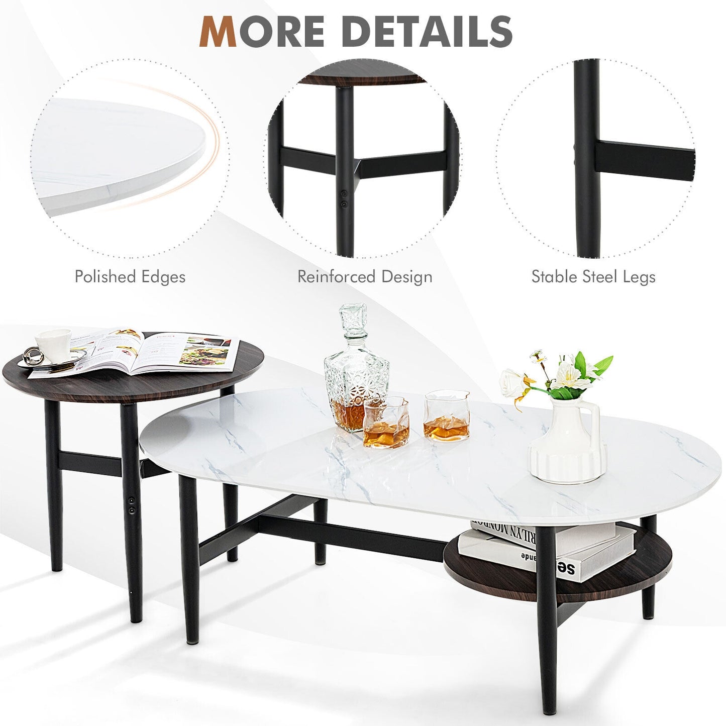 Set of 2 Nesting Coffee Tables with Storage Shelf and Modern Faux Marble Design