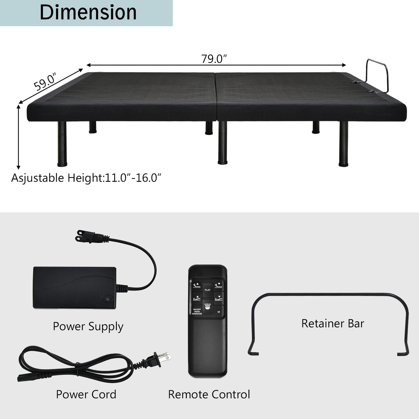 Electric Adjustable Bed Frame with Head Massage & Wireless Remote Control