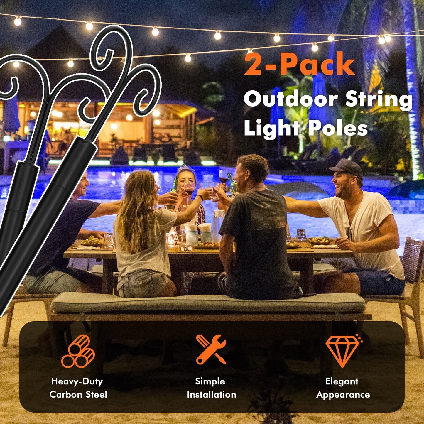 2 Pack 10ft Outdoor String Light Poles with Adjustable Height, Arc Hook & 5 Prong Base