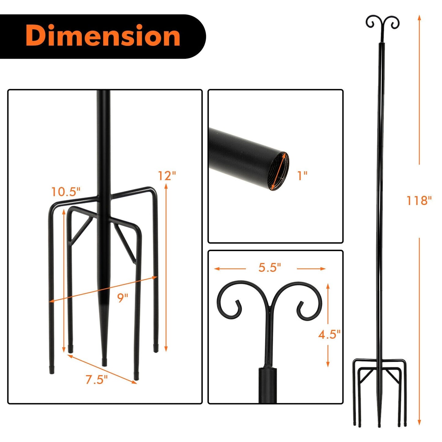 2 Pack 10ft Outdoor String Light Poles with Adjustable Height, Arc Hook & 5 Prong Base