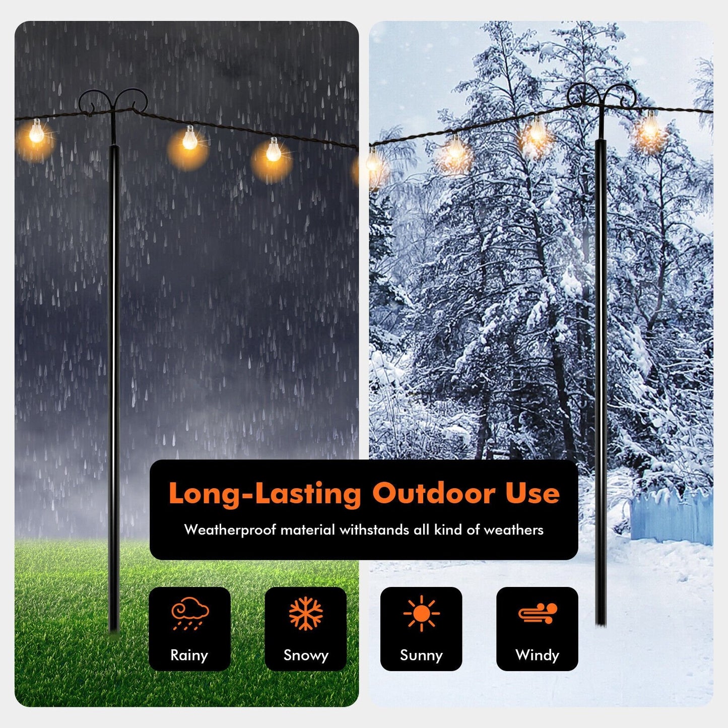 2 Pack 10ft Outdoor String Light Poles with Adjustable Height, Arc Hook & 5 Prong Base