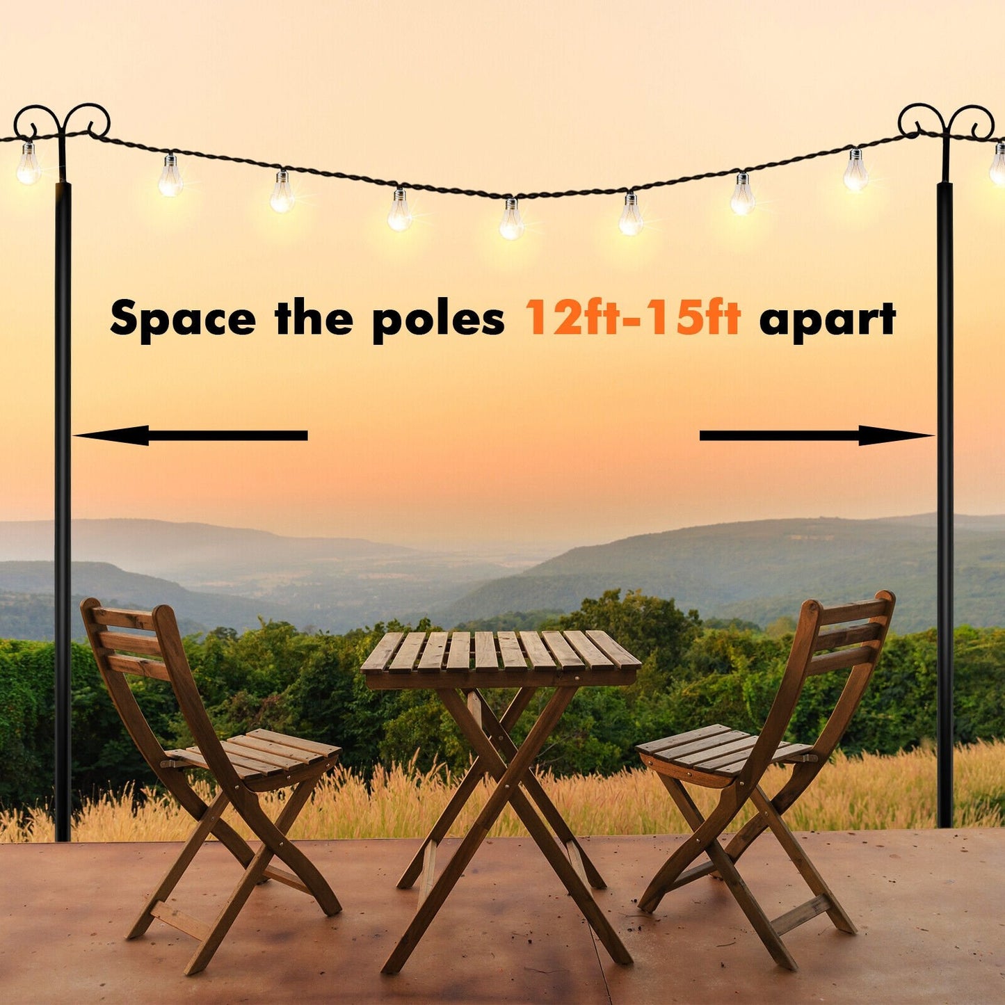 2 Pack 10ft Outdoor String Light Poles with Adjustable Height, Arc Hook & 5 Prong Base