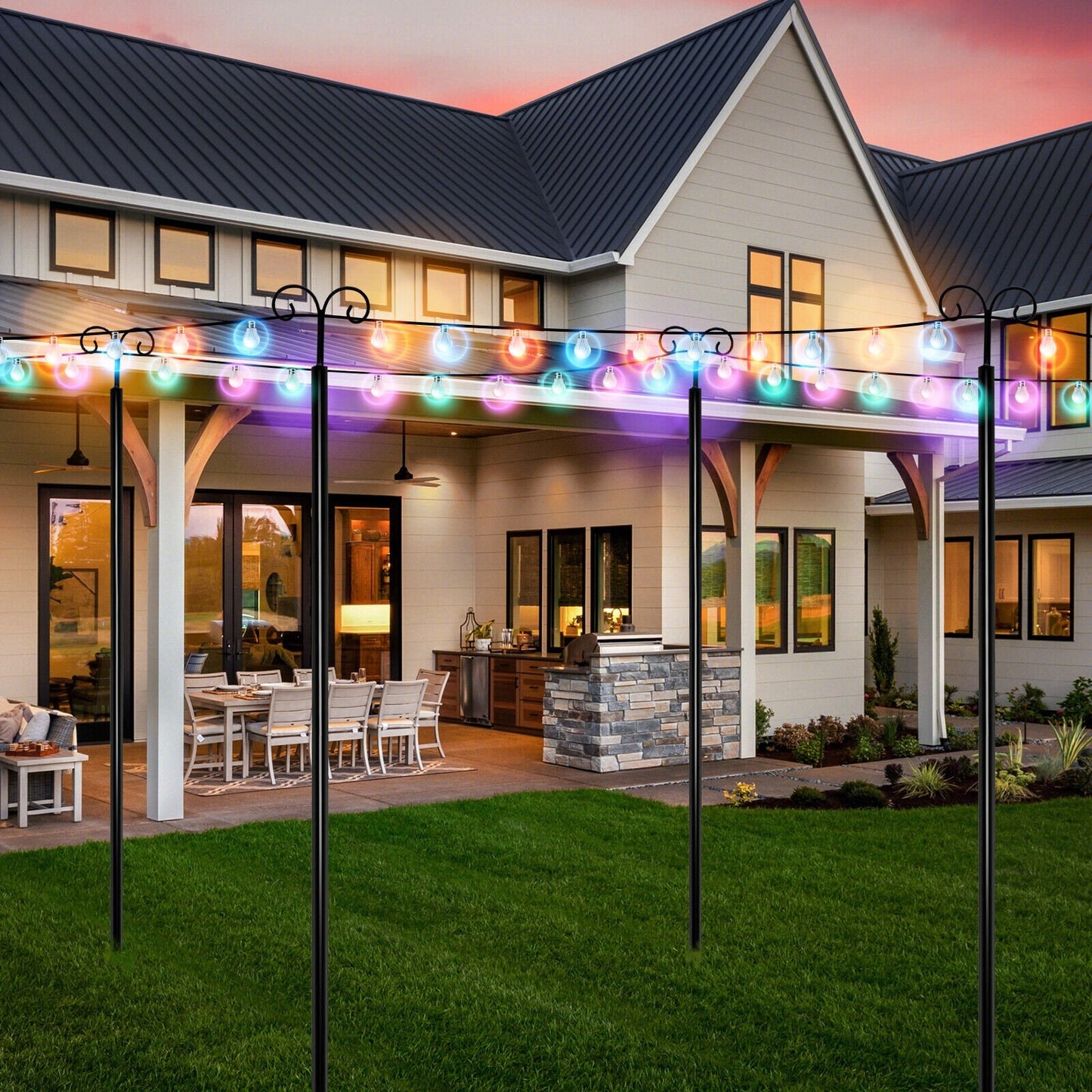 2 Pack 8ft Outdoor String Light Poles with Adjustable Height, Arc Hook & 5 Prong Base