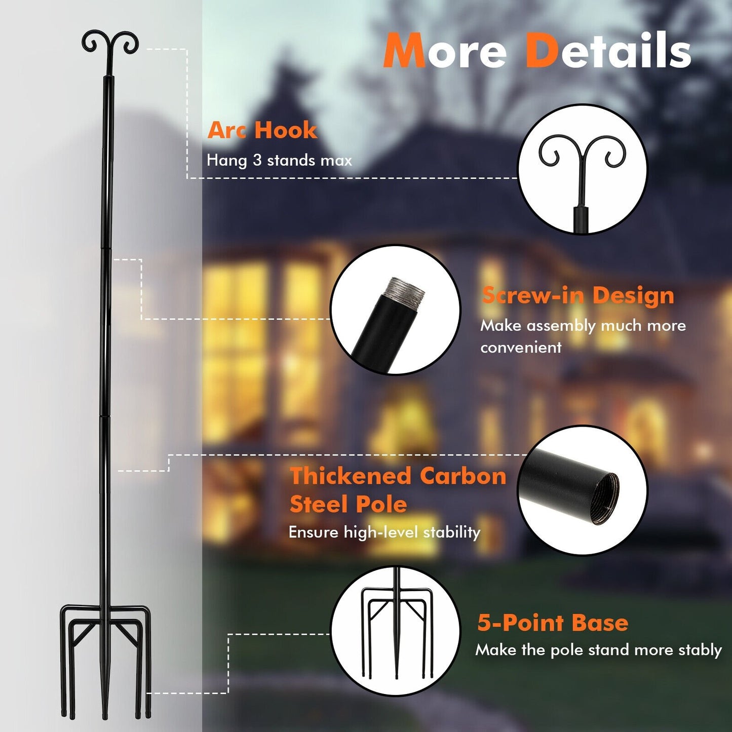 2 Pack 8ft Outdoor String Light Poles with Adjustable Height, Arc Hook & 5 Prong Base