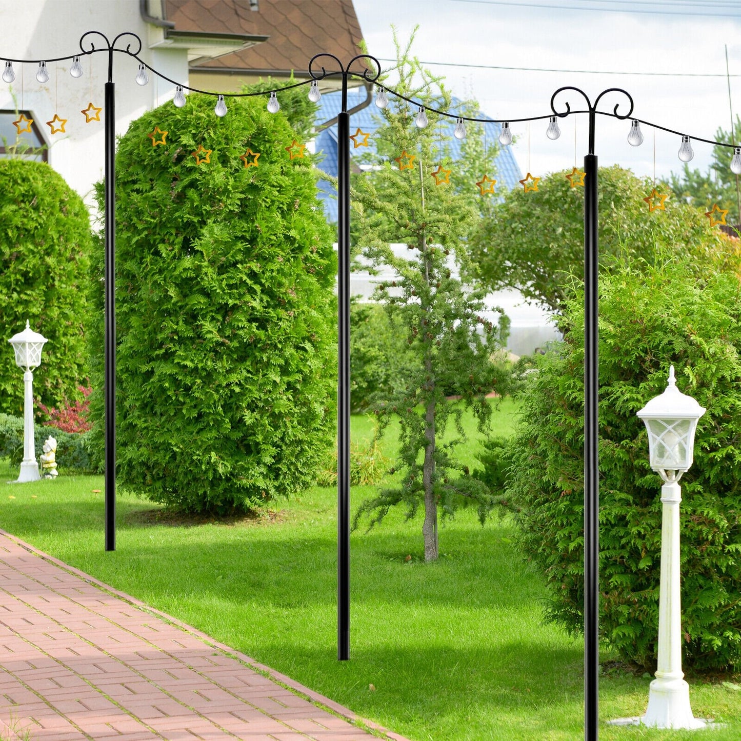 2 Pack 8ft Outdoor String Light Poles with Adjustable Height, Arc Hook & 5 Prong Base