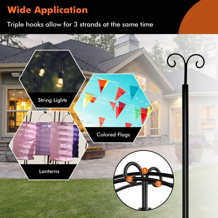 2 Pack 8ft Outdoor String Light Poles with Adjustable Height, Arc Hook & 5 Prong Base