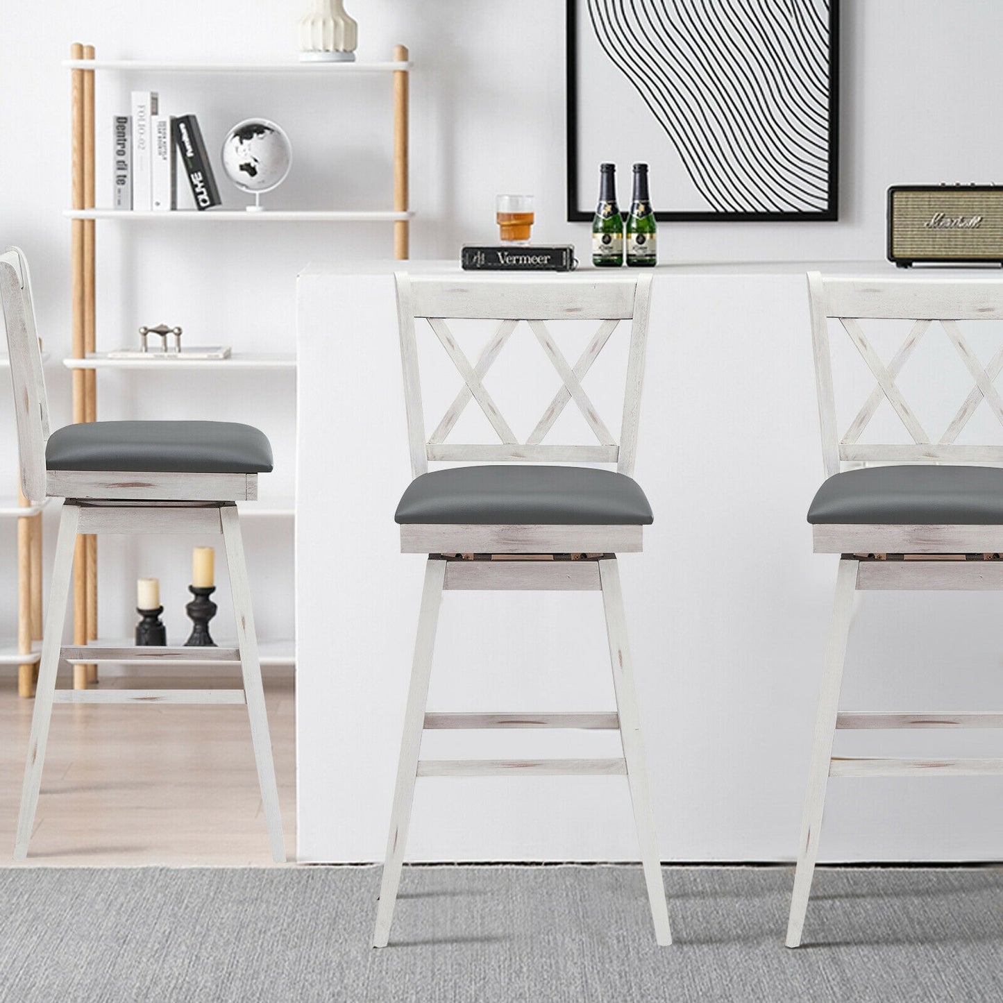 Counter Height Bar Stools Set of 2 with 29 Inch Swivel Seat and White Rubber Wood Frame