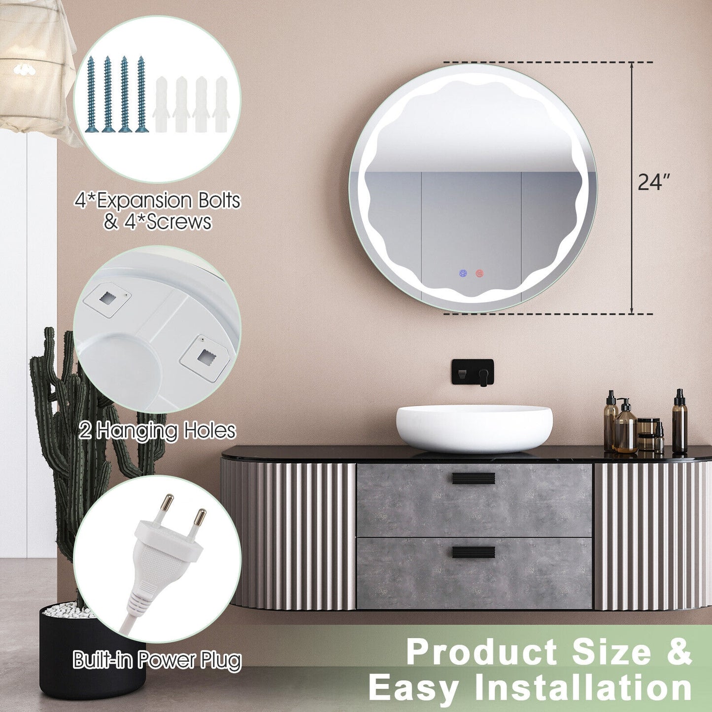 24 Inch Round LED Wall Mirror with 3 Lighting Modes, Smart Touch Control & Anti-Fog Feature