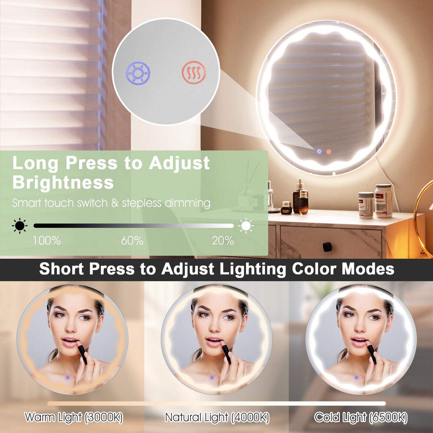 24 Inch Round LED Wall Mirror with 3 Lighting Modes, Smart Touch Control & Anti-Fog Feature
