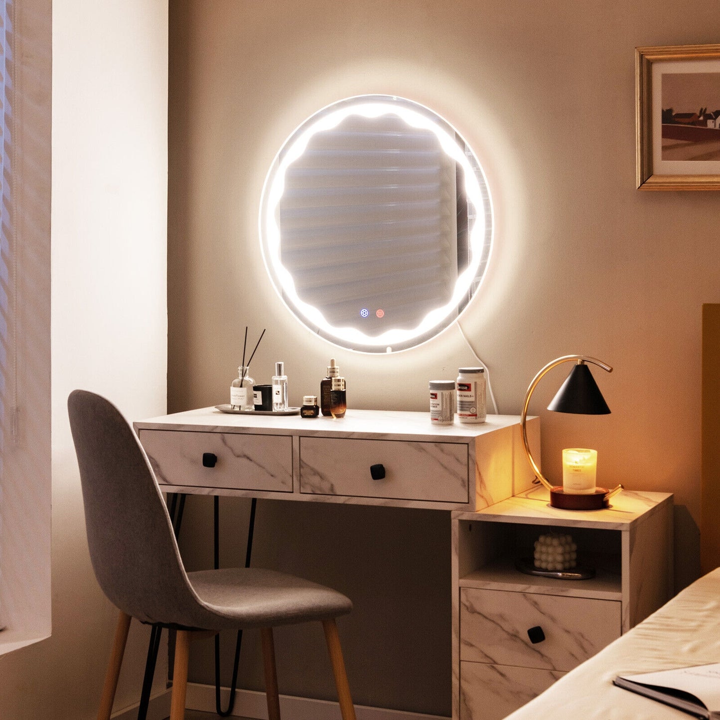 24 Inch Round LED Wall Mirror with 3 Lighting Modes, Smart Touch Control & Anti-Fog Feature
