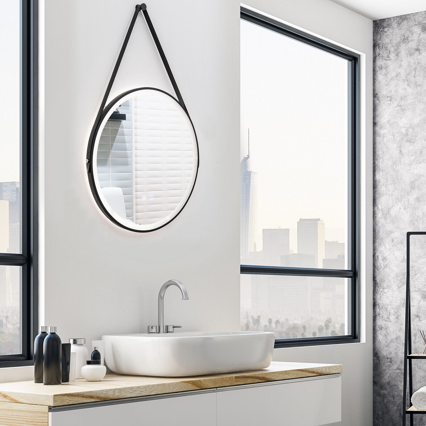 24 Inch Round LED Bathroom Mirror with 3 Color Temperatures, Anti-Fog Function & Adjustable Strap
