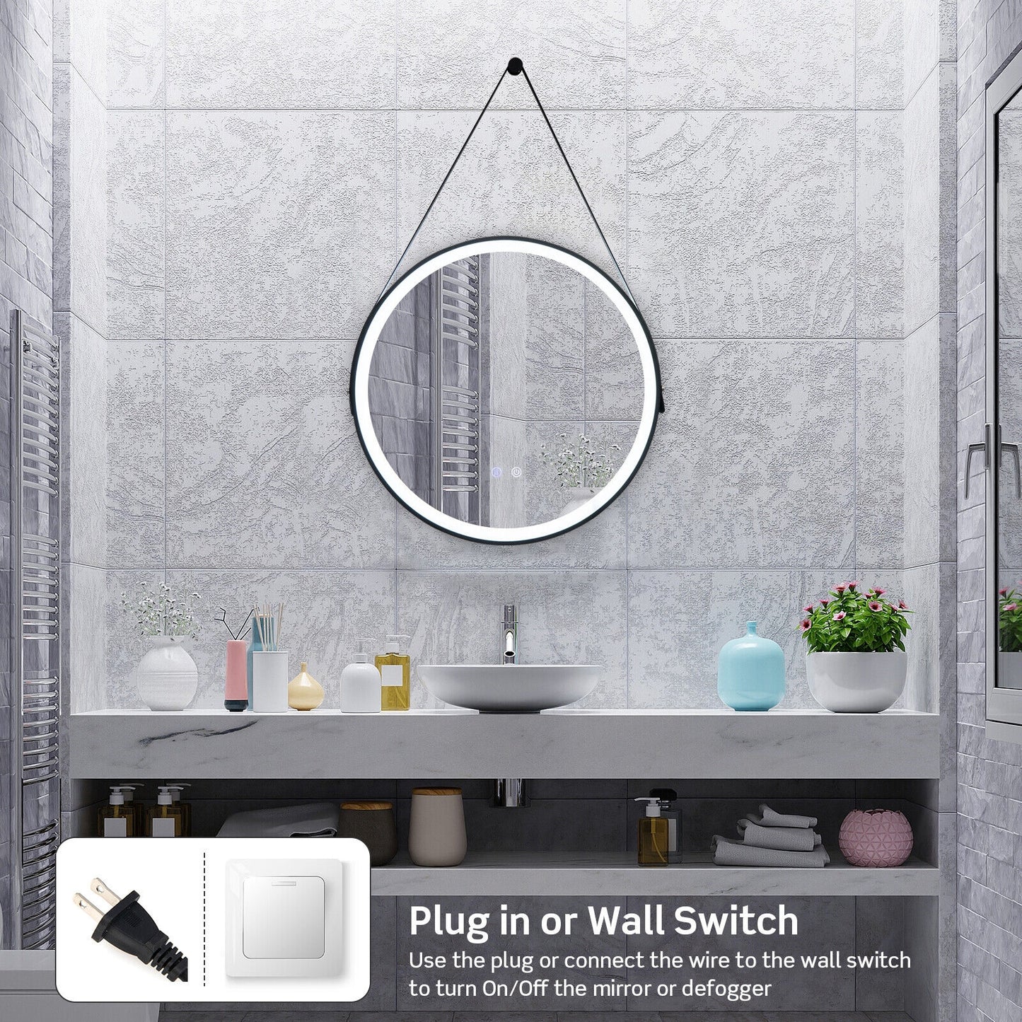 24 Inch Round LED Bathroom Mirror with 3 Color Temperatures, Anti-Fog Function & Adjustable Strap