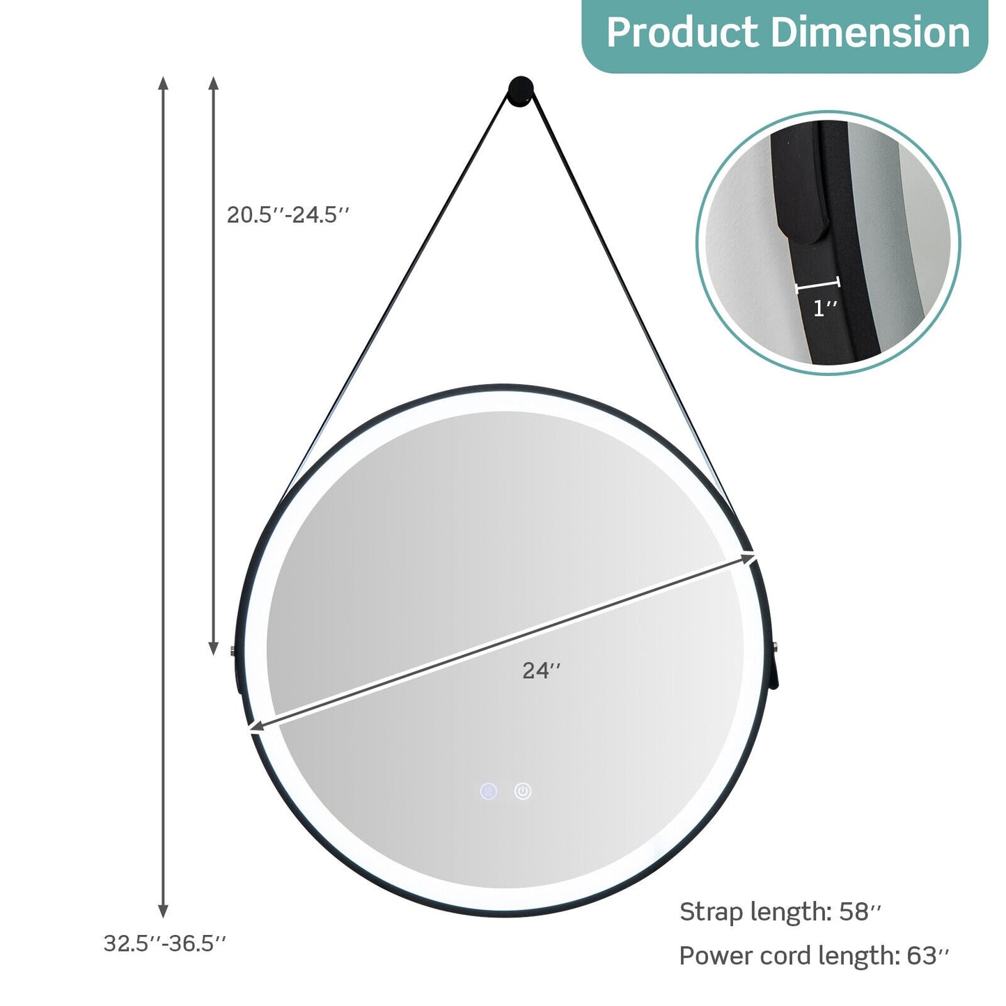 24 Inch Round LED Bathroom Mirror with 3 Color Temperatures, Anti-Fog Function & Adjustable Strap