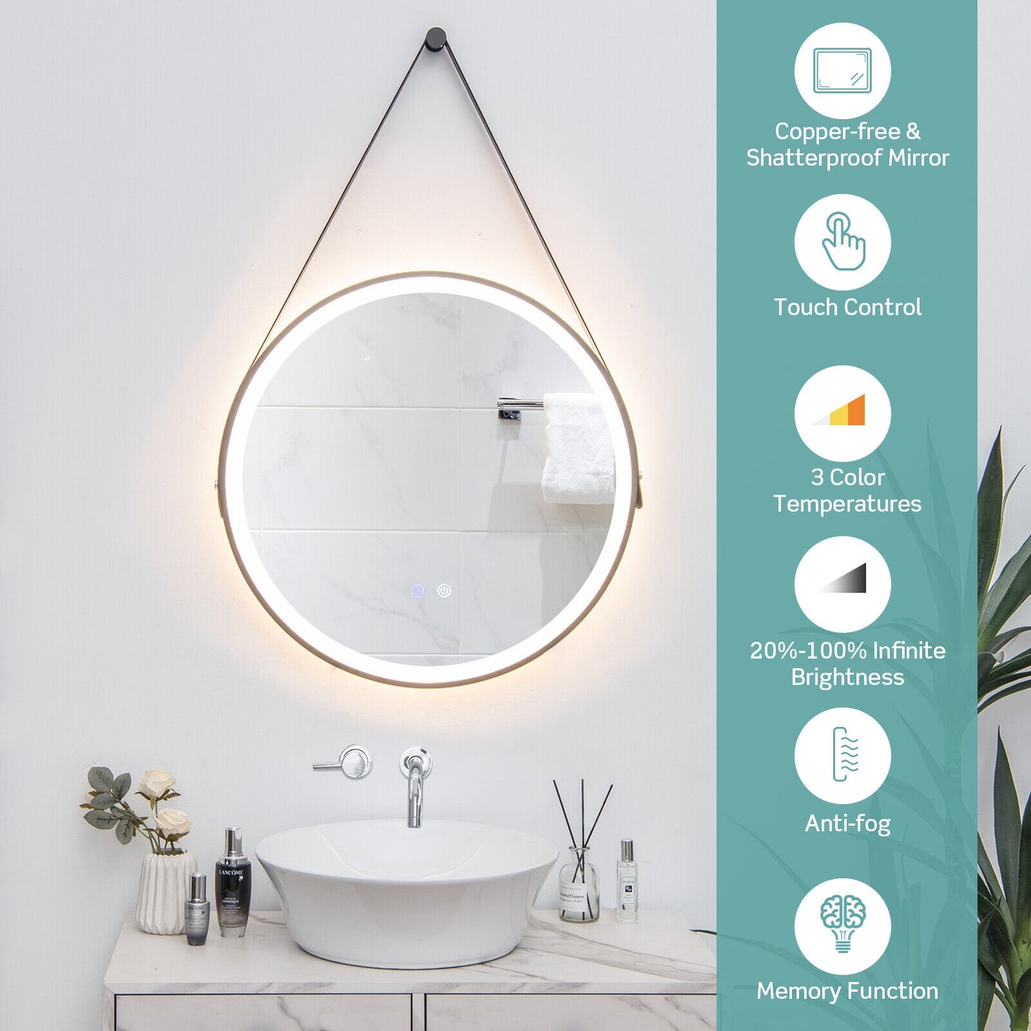 24 Inch Round LED Bathroom Mirror with 3 Color Temperatures, Anti-Fog Function & Adjustable Strap