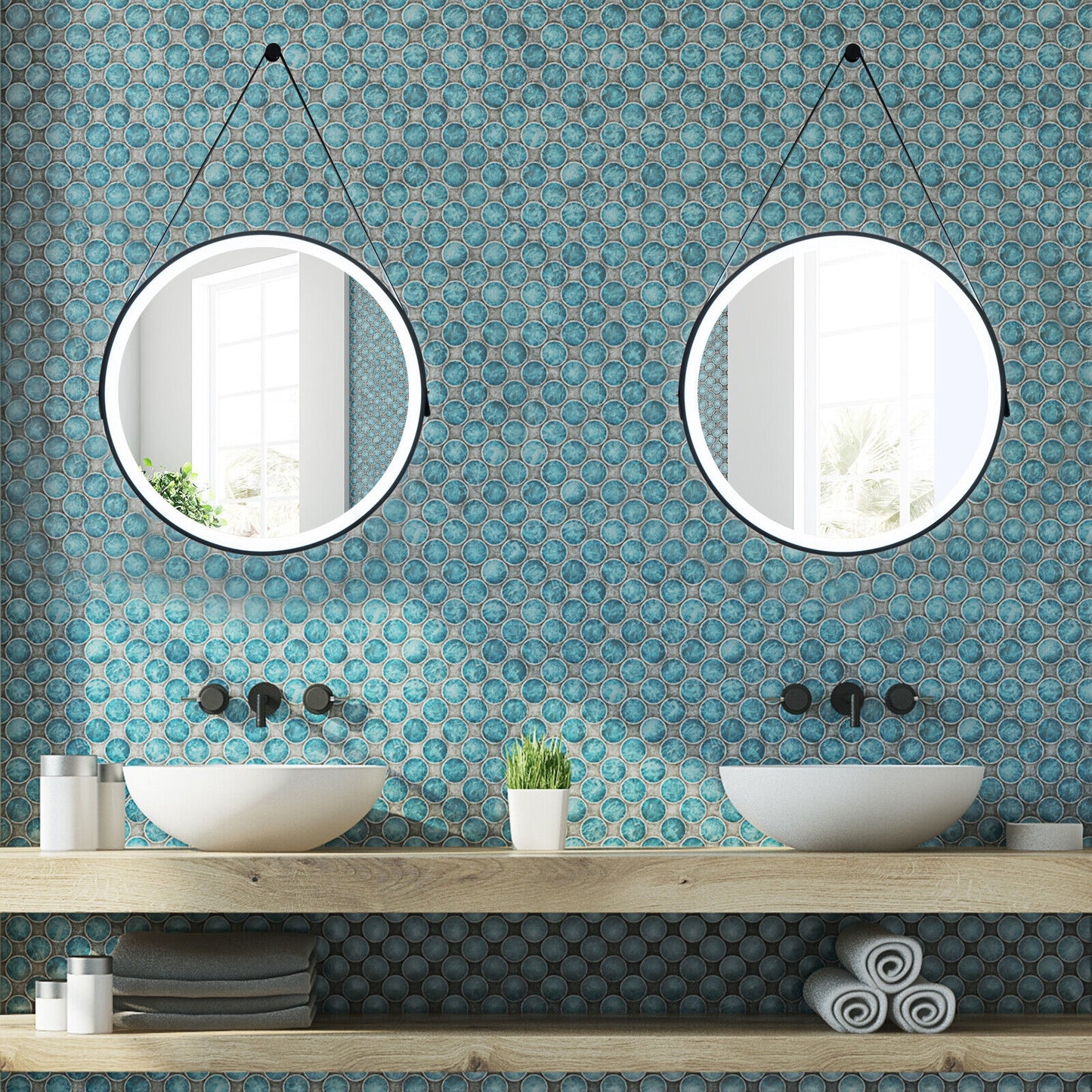 24 Inch Round LED Bathroom Mirror with 3 Color Temperatures, Anti-Fog Function & Adjustable Strap