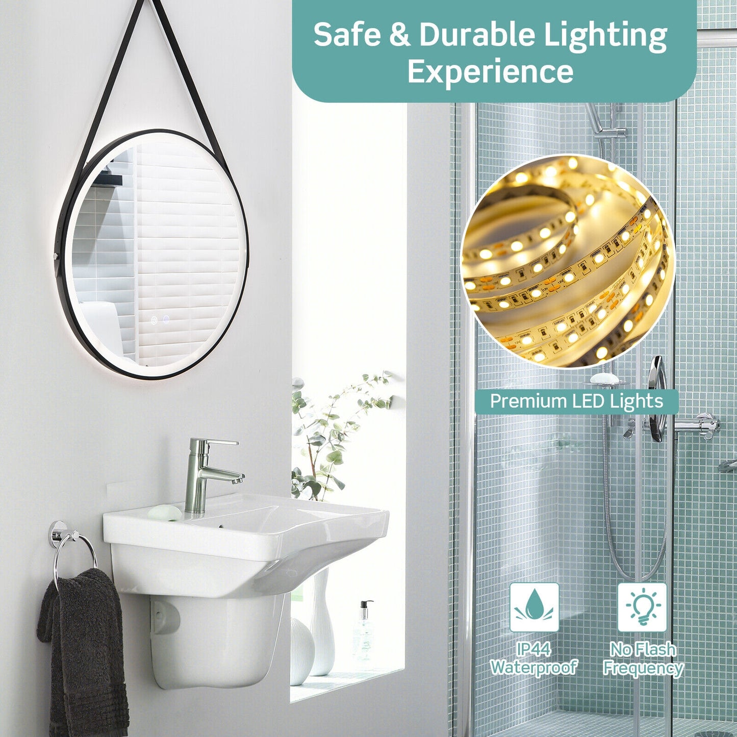 24 Inch Round LED Bathroom Mirror with 3 Color Temperatures, Anti-Fog Function & Adjustable Strap