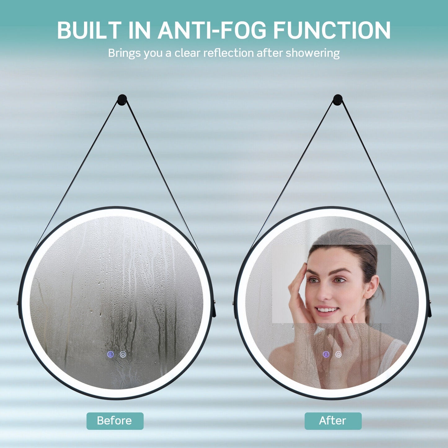 24 Inch Round LED Bathroom Mirror with 3 Color Temperatures, Anti-Fog Function & Adjustable Strap